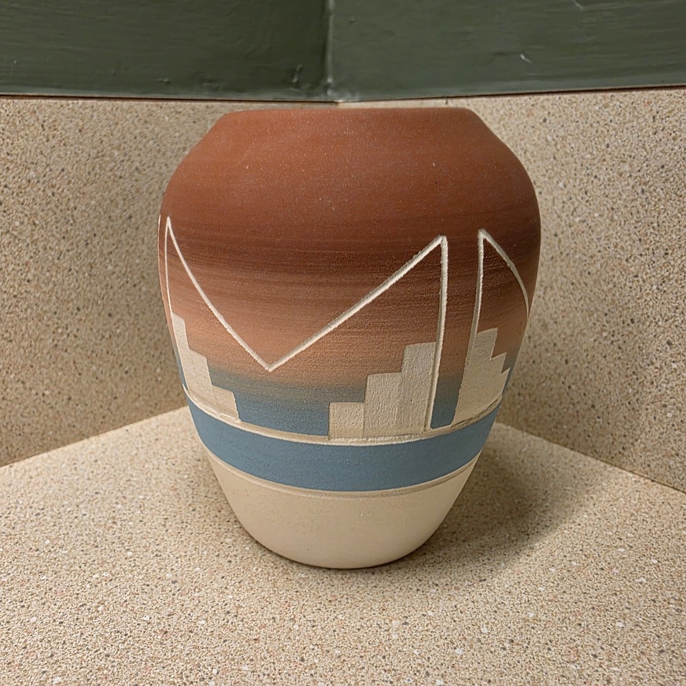 High Elk Sioux Pottery 3.5" Vase Terracotta Blue Southwestern Etched Mesa Design